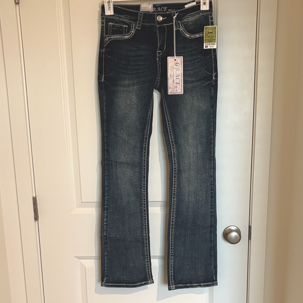 grace in la deep indigo boot cut denim jeans
